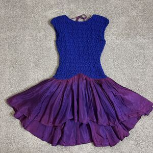 Vintage Steppin Out Dress Womens Size 7 Blue Purple Low Back Bow Party USA 80s